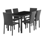 Ensemble repas de jardin - table en verre trempe et 6 chaises en resine tressee noir - Table 160x80x73 cm - Chaise : 44x54x88 cm