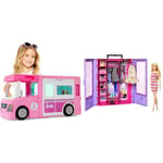 Barbie 3-in-1 Dream Camper, Fully-Furnished Dreamcamper Transformable into Truck, Boat, and House with 60 Toy Accessories & Fashionistas Ultimate Closet and Doll, One Doll with 3 Outfits