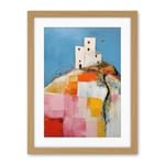 Artery8 House on the Hill Oil Painting Abstract Geometric Patchwork Palette Knife Pastel Colour Rural Landscape Artwork Framed Wall Art Print 18X24 Inch