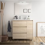 Meuble de salle de bain au sol en bois de chêne calédonien 85 cm avec lavabo en porcelaine - Amalfi - Avec colonne