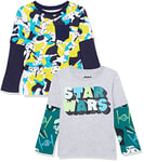 Amazon Essentials Disney | Marvel | Star Wars Boys' Long-Sleeve 2-in-1 T-Shirts (Previously Spotted Zebra), Pack of 2, Star Wars Logo/Camo, 11-12 Years