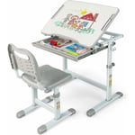 Bureau pour Enfant, Hauteur Réglable, Inclinable 0-45°, Ensemble Table et Chaise avec Plateau, Tiroir Gris - Costway