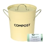 Cream Compost Caddy & 50x 6L Biobags - Kitchen Compost Bin - Metal Pail