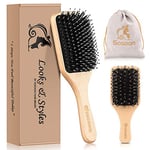 Hair Brush Set, Sosoon Boar Bristle Paddle Hairbrush for Women Men Kids Reducing Frizzy, No More Tangle, Small Travel Brush Tail Comb & Giftbox Included