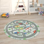 Tapis Chambre Enfant Tapis De Jeux Tapis Bébé Tapis Enfant Route Tapis De Jeux Gris, 120 cm rond - Paco Home