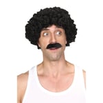 Shifty Guy Mens Black Afro Wig & Moustache Fancy Dress Set