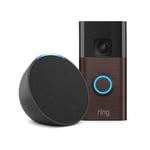 Ring Battery Video Doorbell | Venetian Bronze, Works with Alexa + Echo Pop | Charcoal - Smart Home Starter Kit