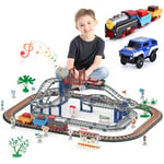 JONRRYIN Circuit Train électrique Enfant, Voitures électriques Voies Ferrées Accessoires, avec Sons, Lumières, Cadeaux de Noël, Jouet Cadeau Enfant (84 Pièces)