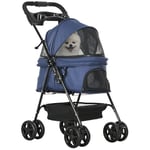 PawHut Poussette buggy pliable chien chat panier rangement porte-gobelets tissu 300D Oxford imperméable 4 roues bleu foncé