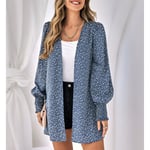 (Blue XL)Women Lantern Sleeve Cardigan Classic Leopard Print Fall Winter SLS