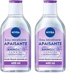 NIVEA Eau Micellaire APAISANTE Peaux Sensibles (1 x 400 ml), démaquillant enrichi aux micelles et acides animés sans parfum, nettoyant visage pour yeux & lèvres (Lot de 2)