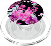 Motif de fleur d'orchidée rose et bleue sur fond noir PopSockets PopGrip pour MagSafe