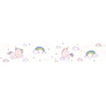 Frise papier peint enfant licorne & nuage Frise tapisserie chambre d'enfant blanche & rose Frise murale enfant chambre fille - Rose, Blanc
