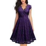 FEOYA - Robe de Cocktail Vintage sans Manches Femme Robe de Soirée Femme en Dentelle Florale Col V Grande Jupe Swing Violet Taille 44