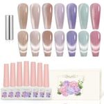 ADHERE 7pcs 12ml Kit de Vernis à Ongles Gel Cat Eye avec Bâton Magnétique Beige Nude Violet Bleu Rose Magnétique Vernis à ongles gel pour œil de chat Ongles Vernis à Ongles pour Manucure