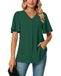 Bestbee Ladies Summer Tops, V Neck Flowy Short Sleeve Shirts Dressy Chiffon Tunic Tops Casual T-Shirts Cute Blouses for Women, L, Dark Green