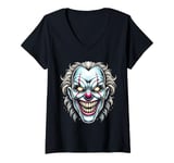 Womens Creepy Clown Face with Glowing Eyes Sharp Teeth Halloween V-Neck T-Shirt