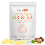 Premium Vitamin D3 & Vitamin K2 (MK-7) Softgels 120 Count Easy-Swallow VIT D3 K2 with Coconut Oil Gluten Free, High Strength Vitamin D3 and K2 Supplements