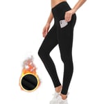 Fleecefodrade Thermal Leggings Dam Mjuk Elastisk Vinter Varma Gym Leggings För Dam Hög midja Magkontroll Yogabyxor Med Fickor, S