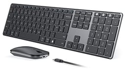 seenda JP-064-3 Rechargeable Wireless Bluetooth Keyboard Mouse, Multi-Device Ultra Slim Wireless Mouse and Keyboard Set for Windows, Mac OS, Laptop, PC, Tablet, iPad, QWERTY UK Layout, Black and Grey