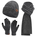 Femme Hiver Chaud Bonnet Chapeau Longue Echarpe et Gants Tactiles Tricot Ensemble avec Casquette Crâne, Gris Foncé