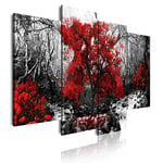 DekoArte 273 - Impression Sur Toile Moderne D'Images Artistiques | Toile Décorative Pour Votre Salon Ou Votre Chambre | Style Paysage Noir et Blanc avec Des Arbres Rouges Nature | 4 Pièces 120 x 85 cm