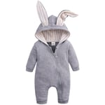 Baby Romper Söt Kanin 3D Öron Hoodie 1-Delad Dragkedja Body Grey 90