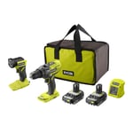 NEW Ryobi 18V ONE+ Cordless Combi Drill & Torch Starter Kit 2x 2.0A Gift Set UK