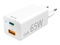 Hama Fast Charger - Strømadapter - Gan - 65 Watt - 3.25 A - Pd, Qc 2.0, Qc 3.0 - 2 Utgangskontakter (4-Stifts Usb-Type A / 24-Stifts Usb-C) - Hvit