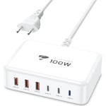 Chargeur USB C 100W Charge Rapide 6Port Prise USB C Multiple GaN PD+QC 3.1A Adaptateur Secteur USBC Chargeur pour iPhone 15 16 Pro Max Plus 14 13 12 11 MacBook Pro/Air iPad, Samsung S24 S23 S22 Tablet