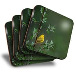 Set of 4 Square Coasters - Little Yellow Bird Tree Rain Nature  #45583