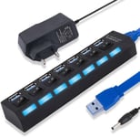 Hub Usb 3.0 À 7 Ports : Répartiteur Usb 3.0 Avec Interrupteur D'Alimentation À Led Pour Ordinateur Portable,Disque Dur Mobile,Pc Et Autres Appareils Usb(Bloc D'Alimentation Usb Et Ue)