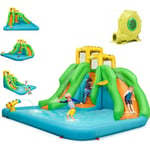 COSTWAY 5 en 1 Château Gonflable Enfants avec Toboggan Double, Parc Aquatique Gonflable avec Mur d'Escalade, Panier, Piscine, Canon à Eau, Charge