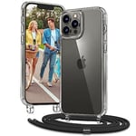 Vaykwo Cordon Coque pour iPhone 12 / iPhone 12 Pro 6.1'', Coque avec Collier réglable pour iPhone 12/12 Pro, Coque Transparente à 360 degrés avec Tour de Cou, Noir