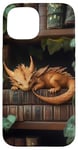 Coque pour iPhone 15 Petit dragon endormi sur une bibliothèque