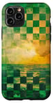 Coque pour iPhone 11 Pro Green Art Deco Coque de téléphone motif damier plage et océan coucher de soleil