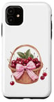 Coque pour iPhone 11 Noeud coquette rose sur un panier en osier avec cerises