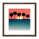Bubble Tree Dark Outlines Boho Sunset Horizon Landscape Coral Teal Watercolour Illustration Square Wooden Framed Wall Art Print Picture 8X8 Inch