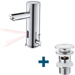 Auralum - Mitigeur Lavabo Infrarouge Electronique Eau Froide/Chaude en Laiton Chrome+Bonde Lavabo Bonde Pop-up avec Trop-plein Automatique Universelle