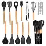 24 Pièces Kit Ustensiles de Cuisine, Set de couverts de cuisine, poignée en bois, résistant à la chaleur, Ensemble de Cuisine sans BPA, Antiadhésif, Noir