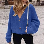 HKVML Women Knitted Sweater Lantern Sleeve V Neck Cardigan Autumn Casual Loose Long Sleeve Single Row Button Female Knitwear,Blue,S