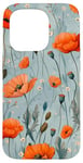 Coque pour iPhone 15 Pro Motif coquelicot orange vintage sur fond bleu clair