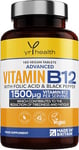 Vegan Vitamin B12 Tablets 1500mcg Methylcobalamin High Strength with Added Folic Acid & Black Pepper - 180 Tablets (6 Month Supply) - Reduction of Tiredness & Fatigue - Made in The UK by YrHealth