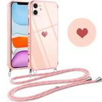 Vauki Coque pour iPhone 11 avec Cordon, Silicone Motif Coeur d'amour Mignon Étui Bumper Protection de Collier Lanyard avec Chaîne Case pour iPhone 11 6.1 Pouces, Bandoulière-Rose