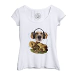 T-Shirt Femme Col Echancré Chien Casque Audio Collage Art Surréalisme Vintage Champignon