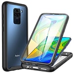 CENHUFO Coque Xiaomi Redmi Note 9, Antichoc Housse avec Protection d'écran, 360° Protégé Téléphone Etui Double Face Bumper Transparent Case Portable Intégrale Coque pour Redmi Note 9 - Noir