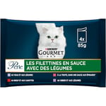 GOURMET PERLE | Adulte Chat | Les Filettines En Sauce | Veau-Légumes, Gibier-Légumes, Bœuf-Carottes, Truite Dans Une Sauce Aux Épinards | 4 x 85 g | Lot de 12| Sachet fraicheur