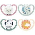 NUK Space Day & Night Tetine pour bébé | 6-18 mois | Sucettes phosphorescentes avec aérations extra-larges pour les peaux sensibles | Silicone sans BPA | Zèbre & Mouton | Lot de 4