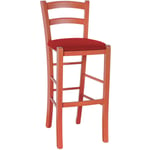 Tabouret haut rustique en bois d'oranger h 73 cm avec assise en simili cuir rouge