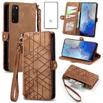 Asuwish Phone Case for Samsung Galaxy S20 Plus S20+ 5G Wallet Cover with Tempered Glass Screen Protector and Flip Zipper Credit Card Holder Cell S20+5G S20plus 20S + S2O S 20 20+ G5 Women Men Brown